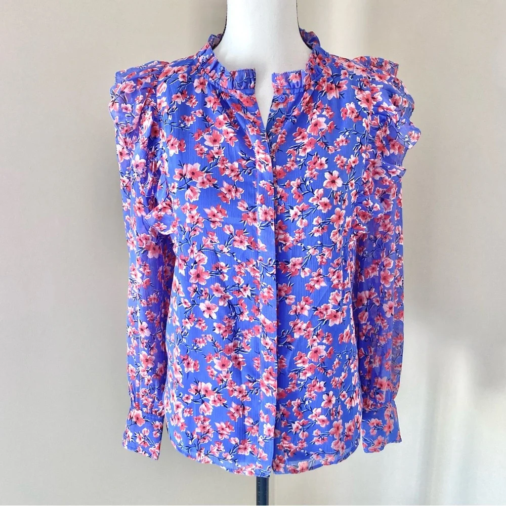 Ann Taylor Cherry Blossom Floral Ruffle Long Sleeve Blouse Size S - Picture 3 of 8